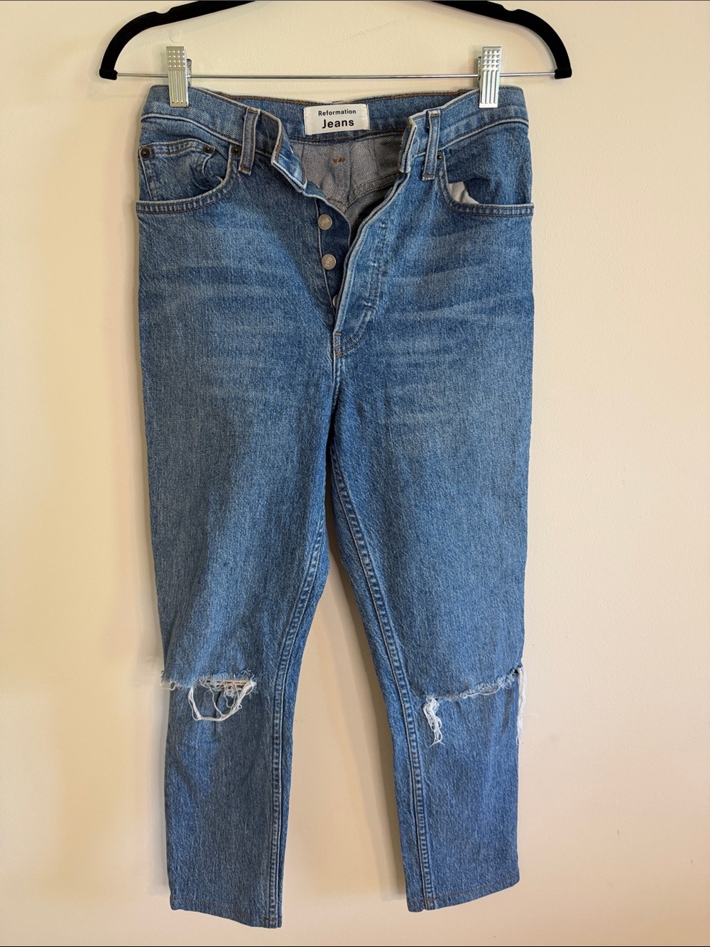 Reformation Blue Straight-Leg Distressed Jeans